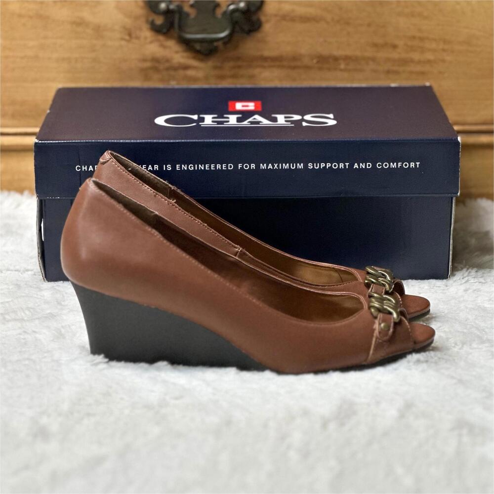 IOB Chaps Pamona Open Toe Slip On Wedges Tan Women’s 6.5B
